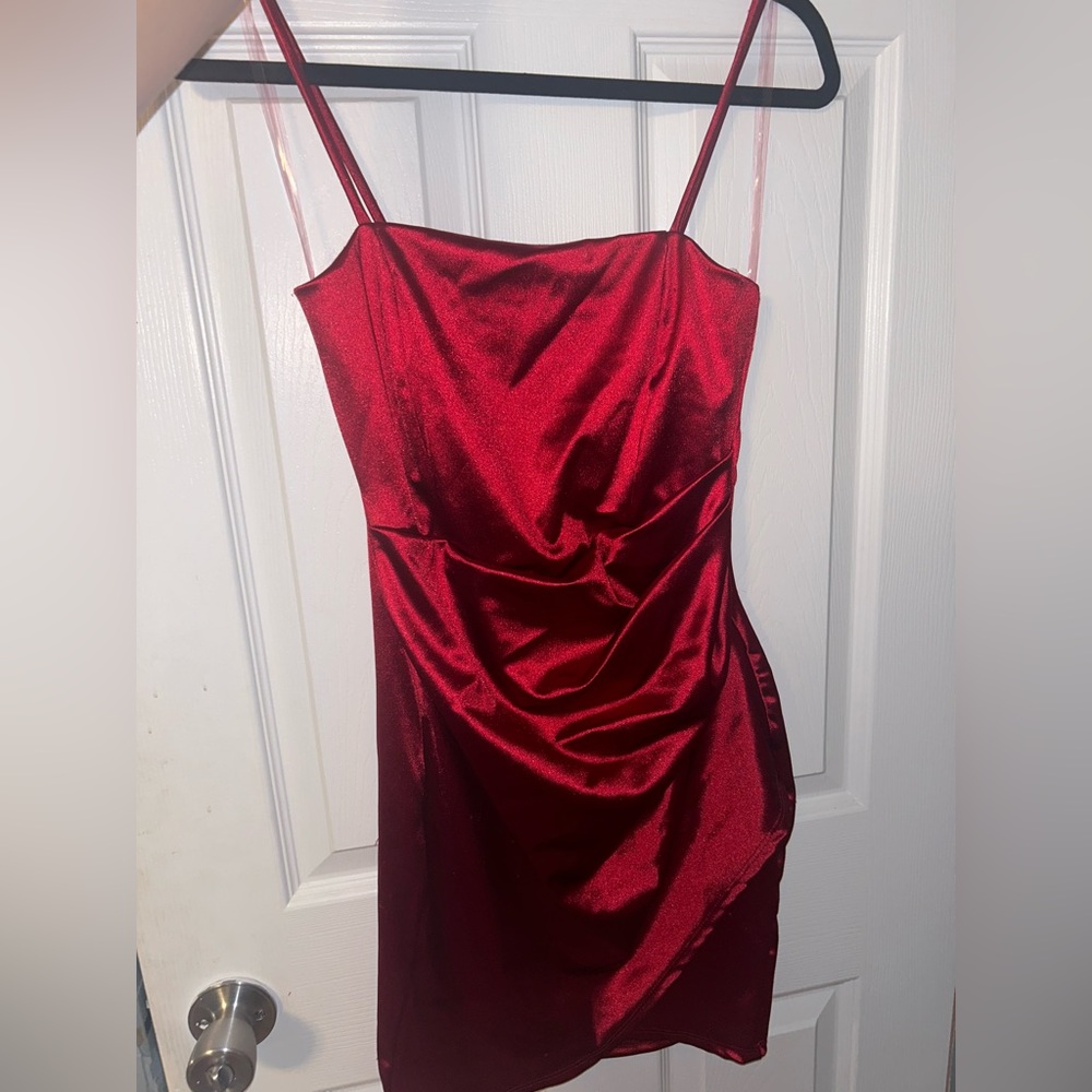 Red satin body con dress